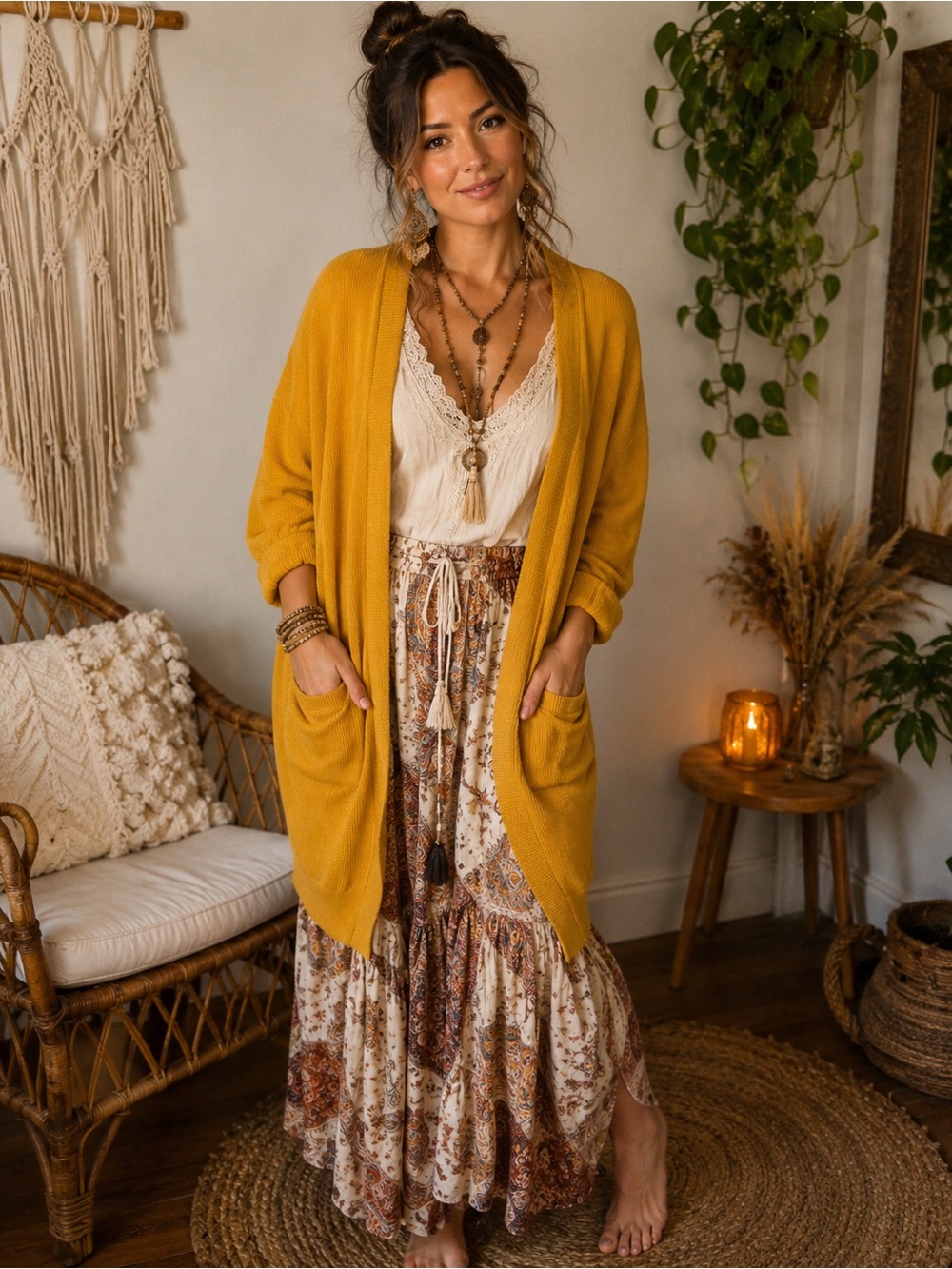 Ivoire Mustard Yellow Longline Cardigan Sweater L Boho Open Front Pockets